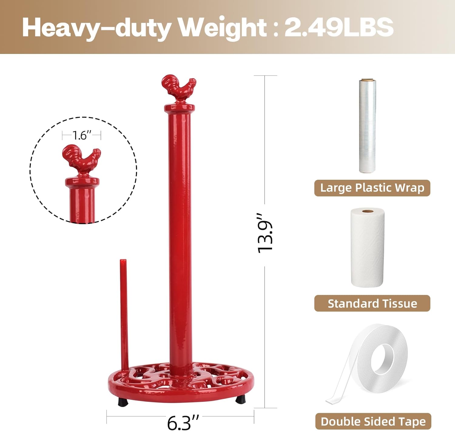 Vintage Rooster Paper Towel Holder - Easy One Handed Tear Cast Iron Roll Paper Towel Dispenser Countertop, Red